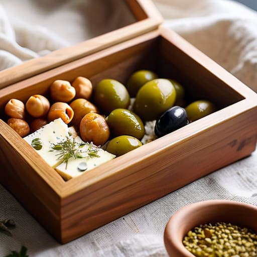 Market-Inspired Mezze bento with olives and feta.