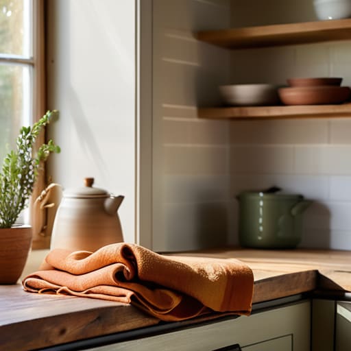 A linen kitchen textile adding tactile warmth.